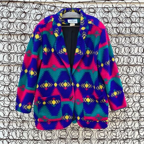 Vintage 90s DWSF Oversized Southwest Boho Aztec Fleece Blazer - Picture 1 of 7